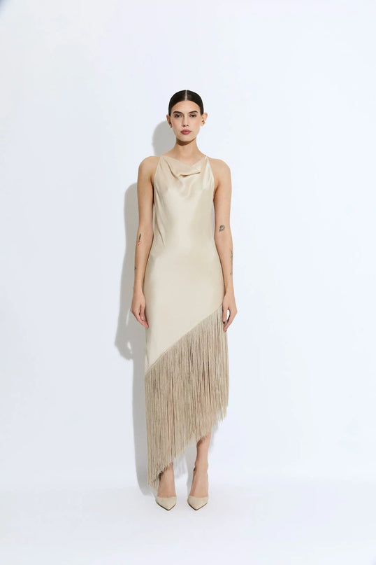 Millie wearing Beige Dream Dress in Allure Vibes ankle-length A-line silhouette with stand neckline and regular sleeves