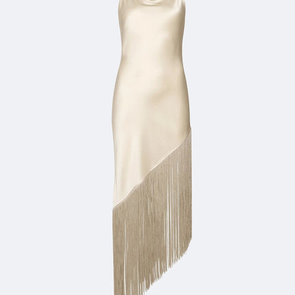 Millie wearing Beige Dream Dress in Allure Vibes ankle-length A-line silhouette with stand neckline and regular sleeves