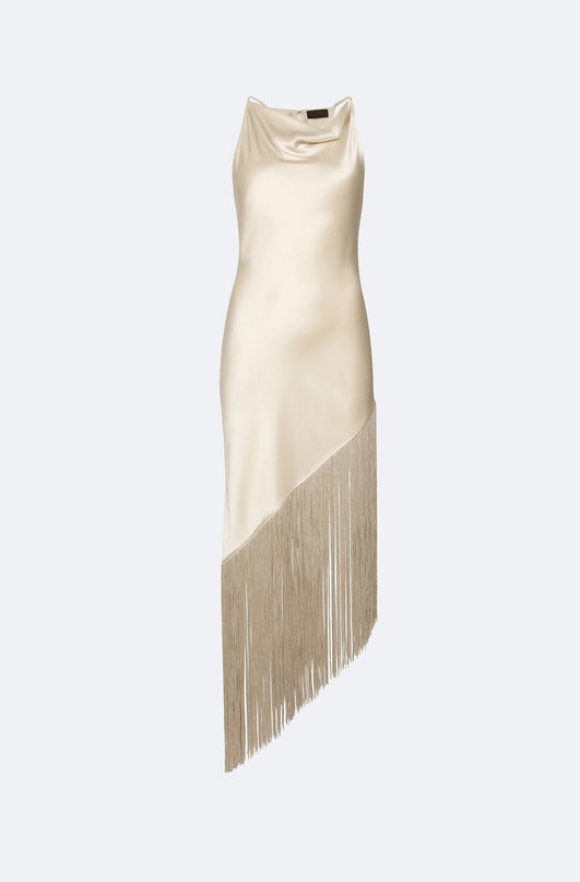 Millie wearing Beige Dream Dress in Allure Vibes ankle-length A-line silhouette with stand neckline and regular sleeves