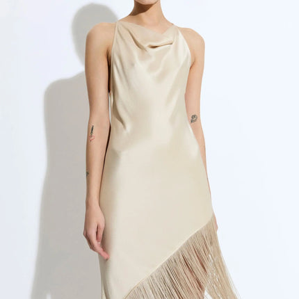 Millie wearing Beige Dream Dress Allure Vibes ankle-length A-line silhouette stand neckline regular sleeves solid pattern design cotton blend creation