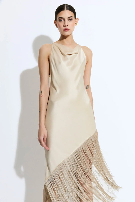 Millie wearing Beige Dream Dress Allure Vibes ankle-length A-line silhouette stand neckline regular sleeves solid pattern design cotton blend creation