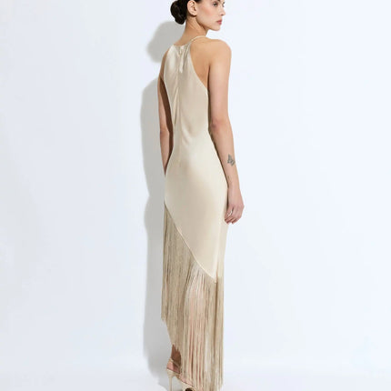 Millie wearing Beige Dream Dress in Allure Vibes ankle-length A-line silhouette with stand neckline and regular sleeves