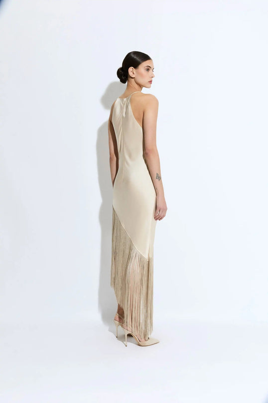 Millie wearing Beige Dream Dress in Allure Vibes ankle-length A-line silhouette with stand neckline and regular sleeves