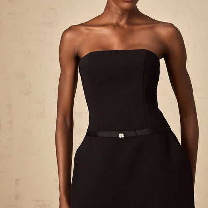 Millie Black Off-the-Shoulder Mini Dress with Bow and Faux-Pearl Detailing