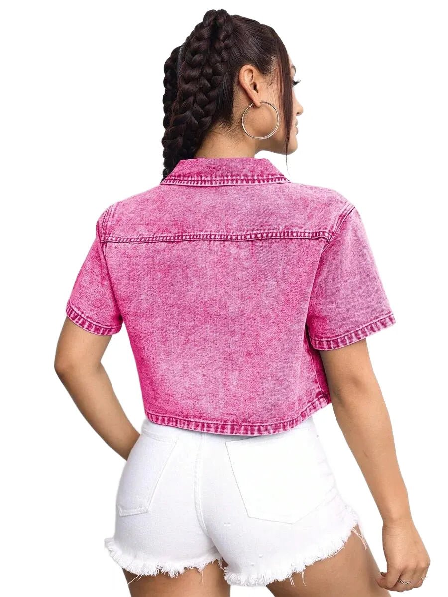 Millie Cropped Denim Jacket with Distressed Details in Pink - Pink