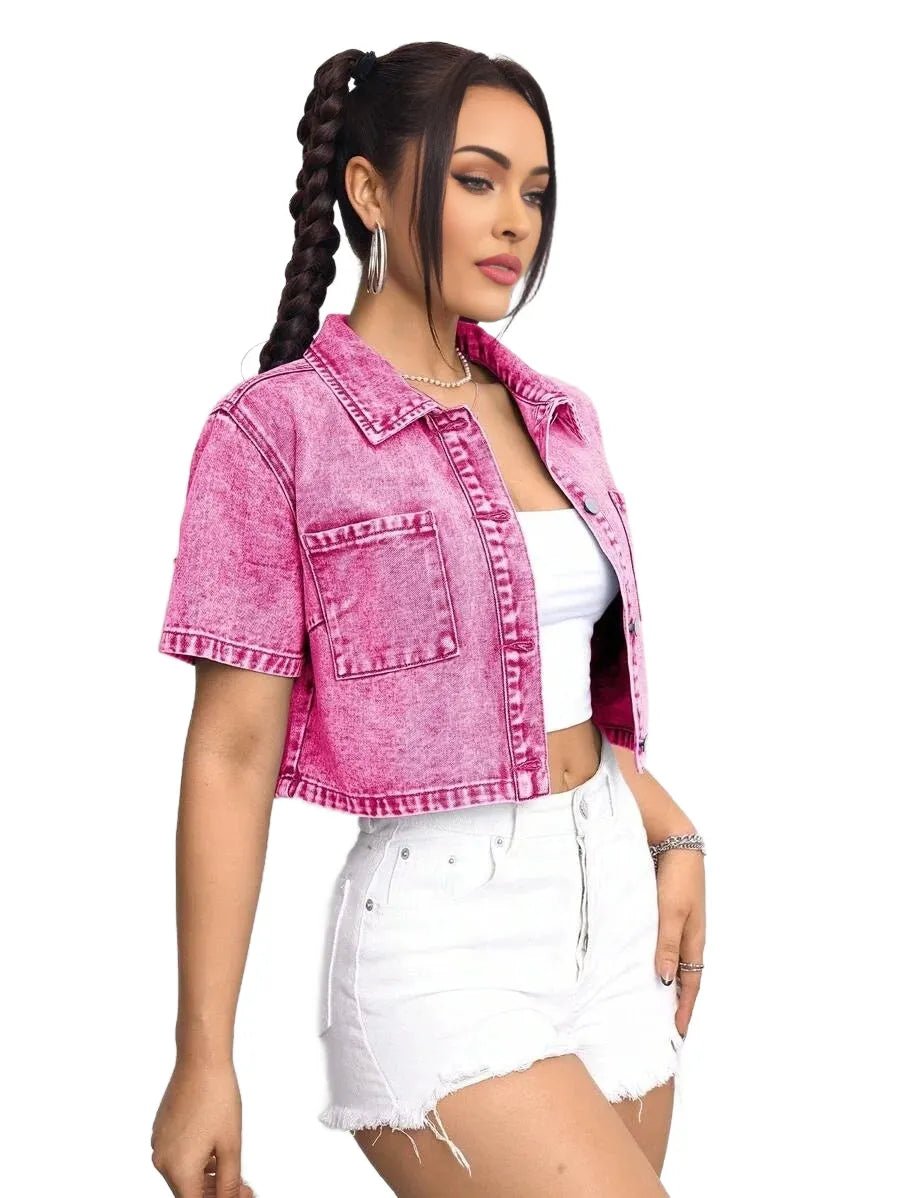 Millie Cropped Denim Jacket with Distressed Details in Pink - Pink