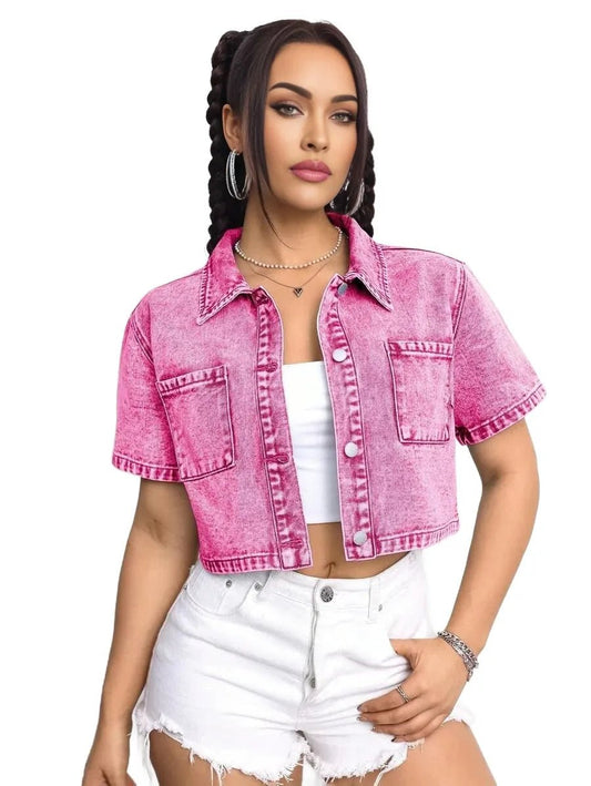 Millie Cropped Denim Jacket with Distressed Details in Pink - Pink