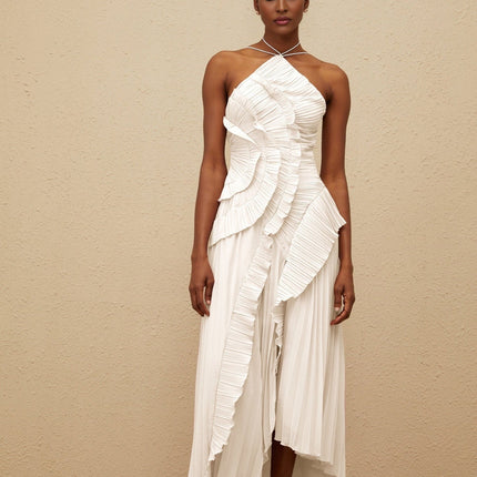 Millie Midi Dress in White Halterneck Ruffled Trim Asymmetrical Design Front Slit Side Zip Fastening Midi Length Terylene Fiber