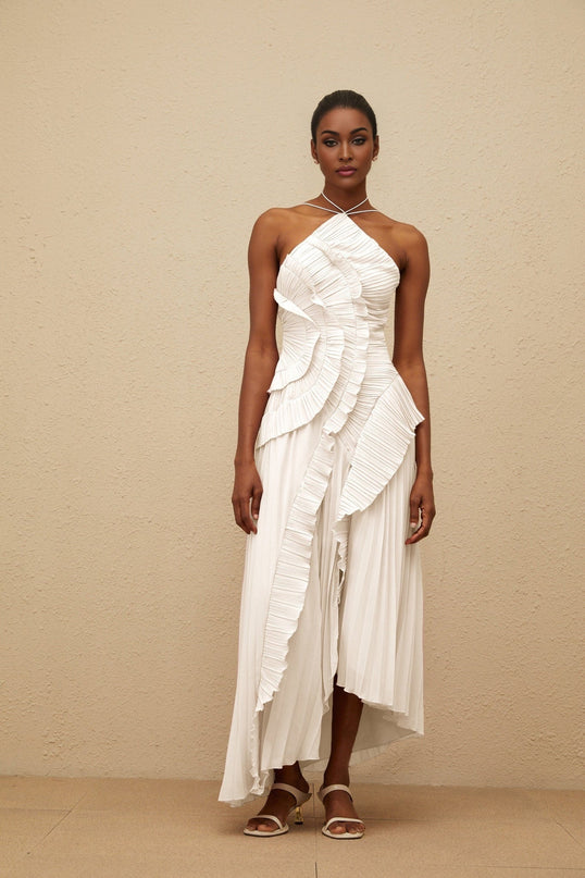 Millie Midi Dress in White Halterneck Ruffled Trim Asymmetrical Design Front Slit Side Zip Fastening Midi Length Terylene Fiber