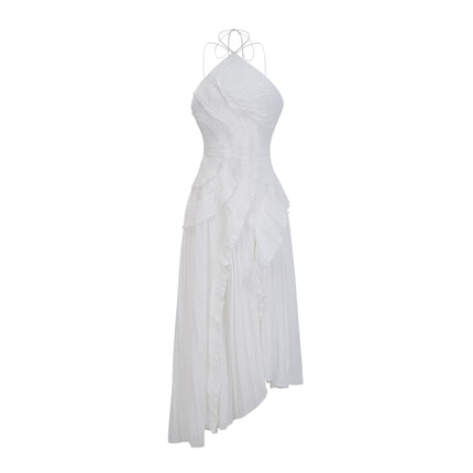 Millie White Halterneck Midi Dress with Ruffled Trim and Front Slit