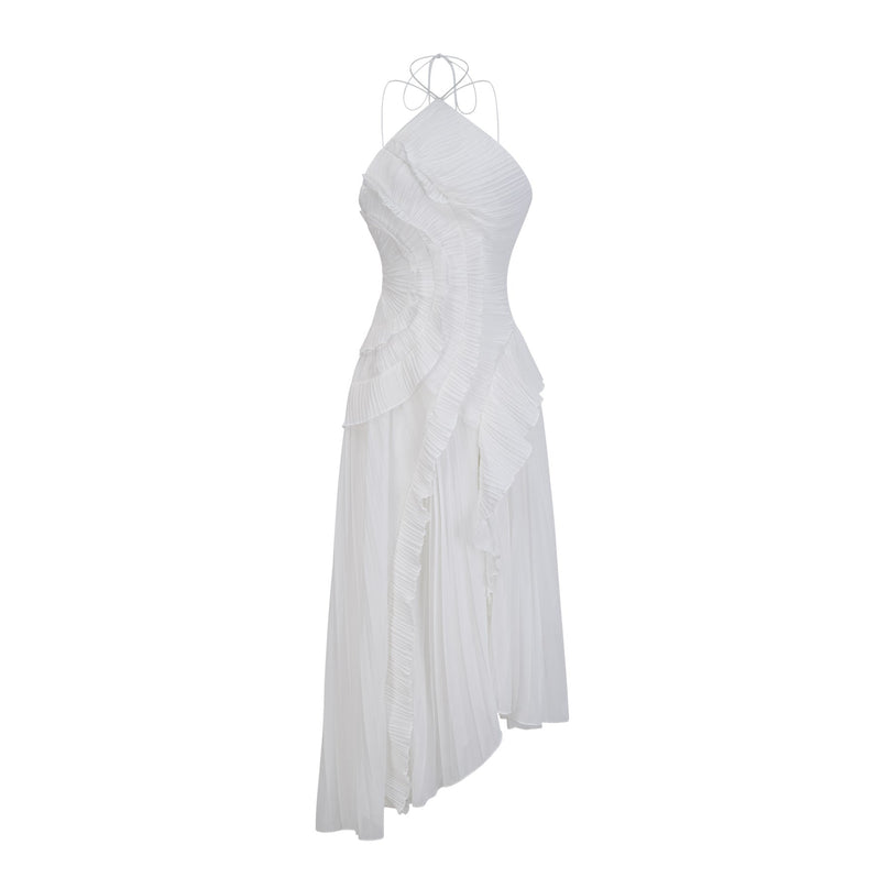 Millie White Halterneck Midi Dress with Ruffled Trim and Front Slit