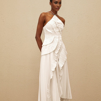 Millie White Halterneck Midi Dress with Ruffled Trim and Front Slit