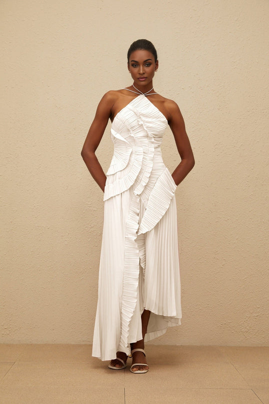 Millie White Halterneck Midi Dress with Ruffled Trim and Front Slit