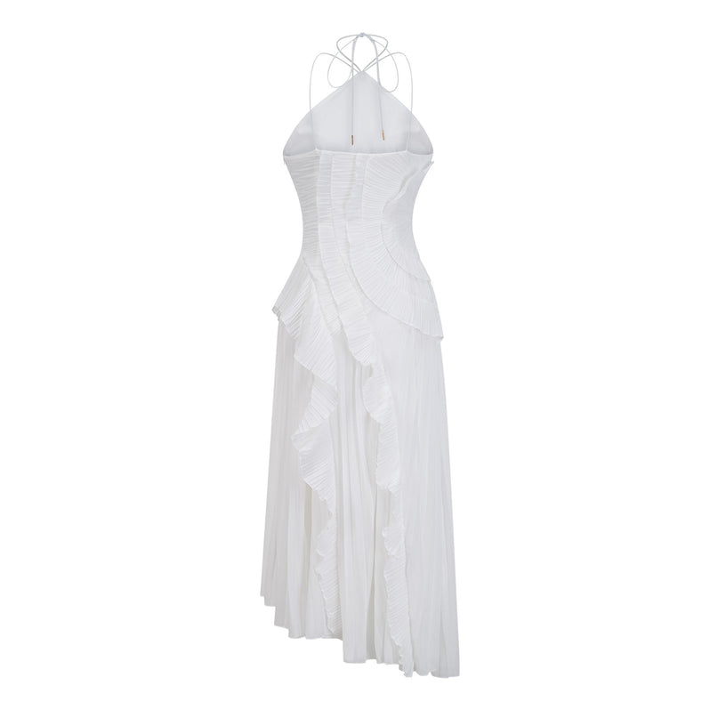 Millie White Halterneck Midi Dress with Ruffled Trim and Front Slit