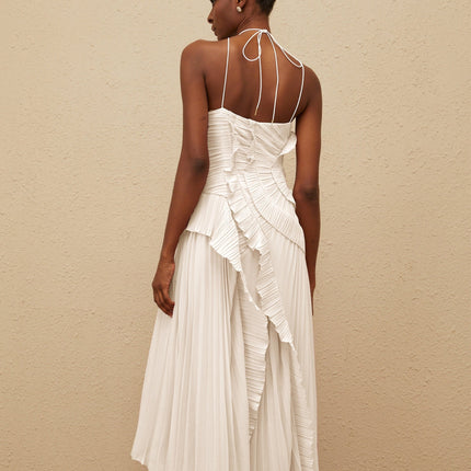 Millie White Halterneck Midi Dress with Ruffled Trim and Asymmetrical Design
