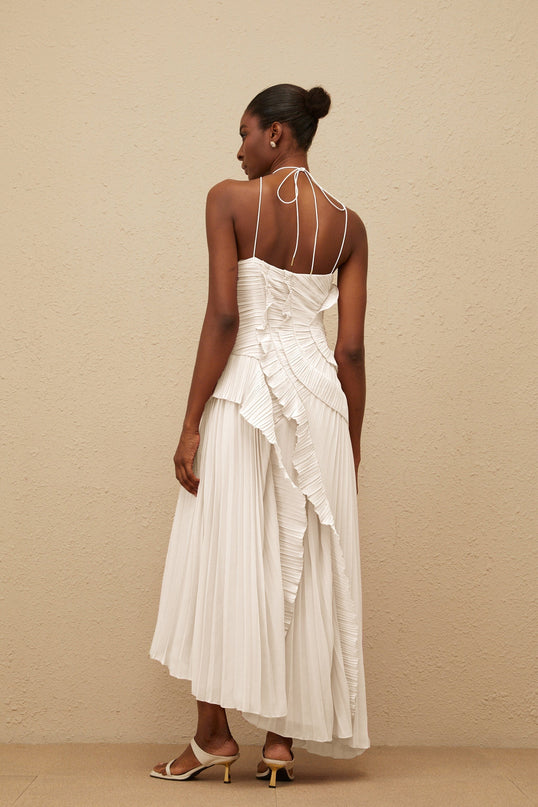 Millie White Halterneck Midi Dress with Ruffled Trim and Asymmetrical Design
