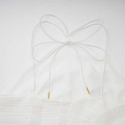 Millie White Halterneck Midi Dress with Ruffled Trim and Front Slit