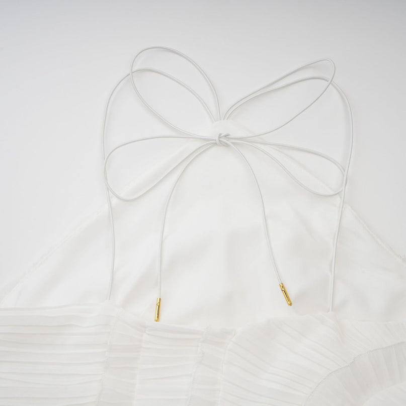 Millie White Halterneck Midi Dress with Ruffled Trim and Front Slit