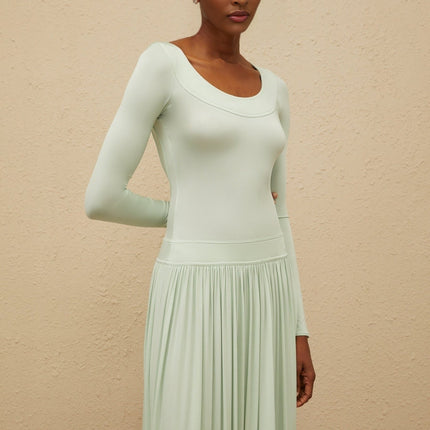 Mint Green Long Sleeve Maxi Dress with Open Back and Self-Tie Design