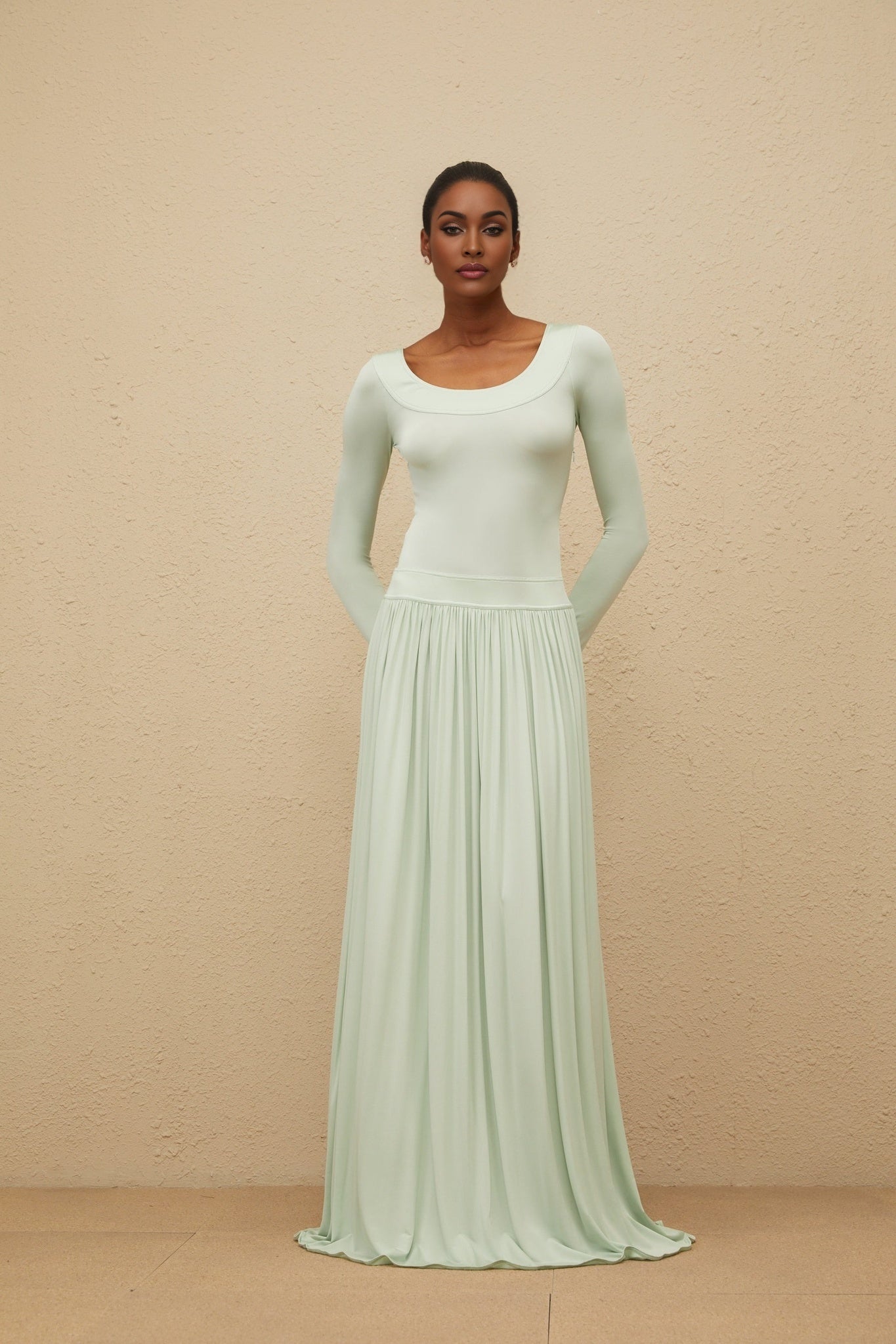 Mint Green Long Sleeve Maxi Dress with Open Back and Self-Tie Design