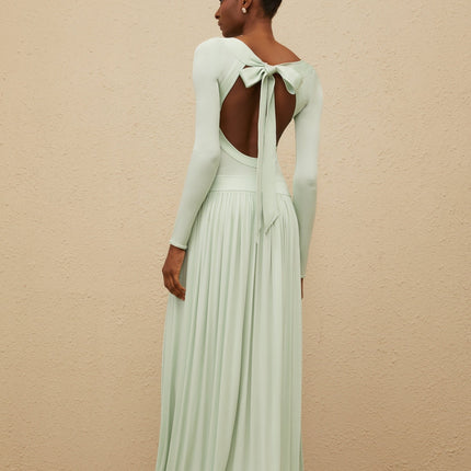 Mint Green Long Sleeve Maxi Dress with Open Back and Self-Tie Design