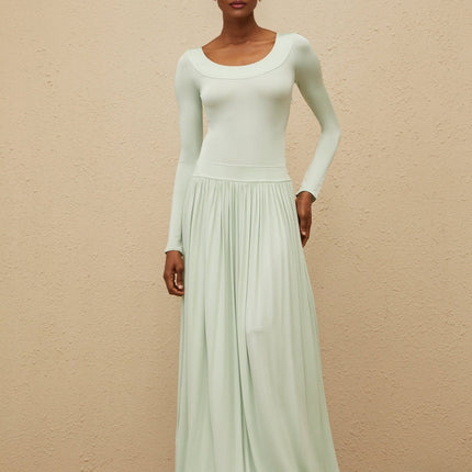 Mint green long sleeve maxi dress with open back and self-tie design
