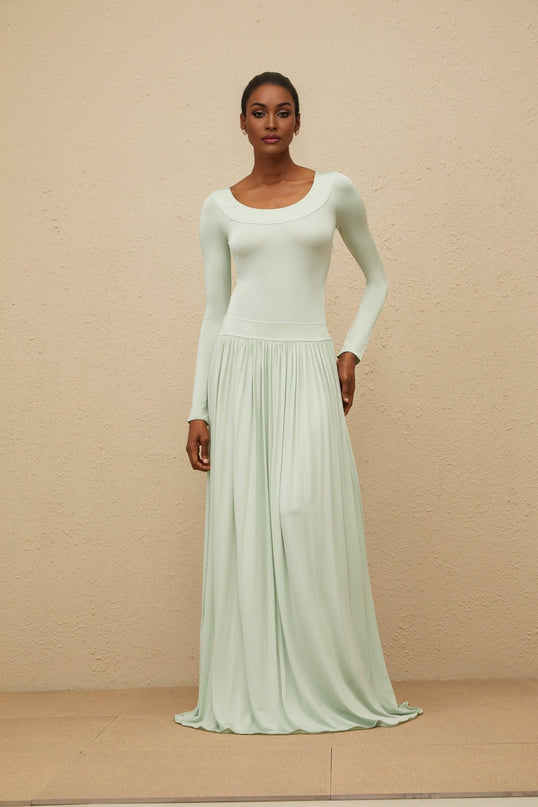 Mint green long sleeve maxi dress with open back and self-tie design