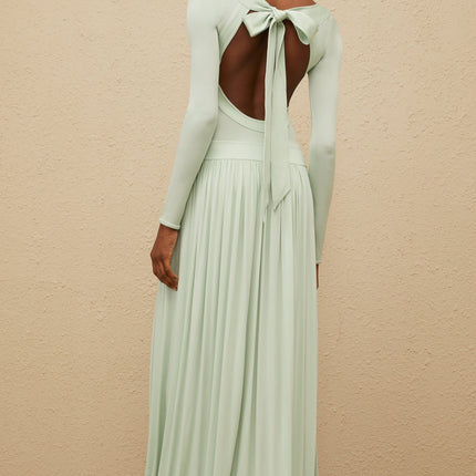 Mint Green Long Sleeve Maxi Dress with Open Back and Self-tie Design