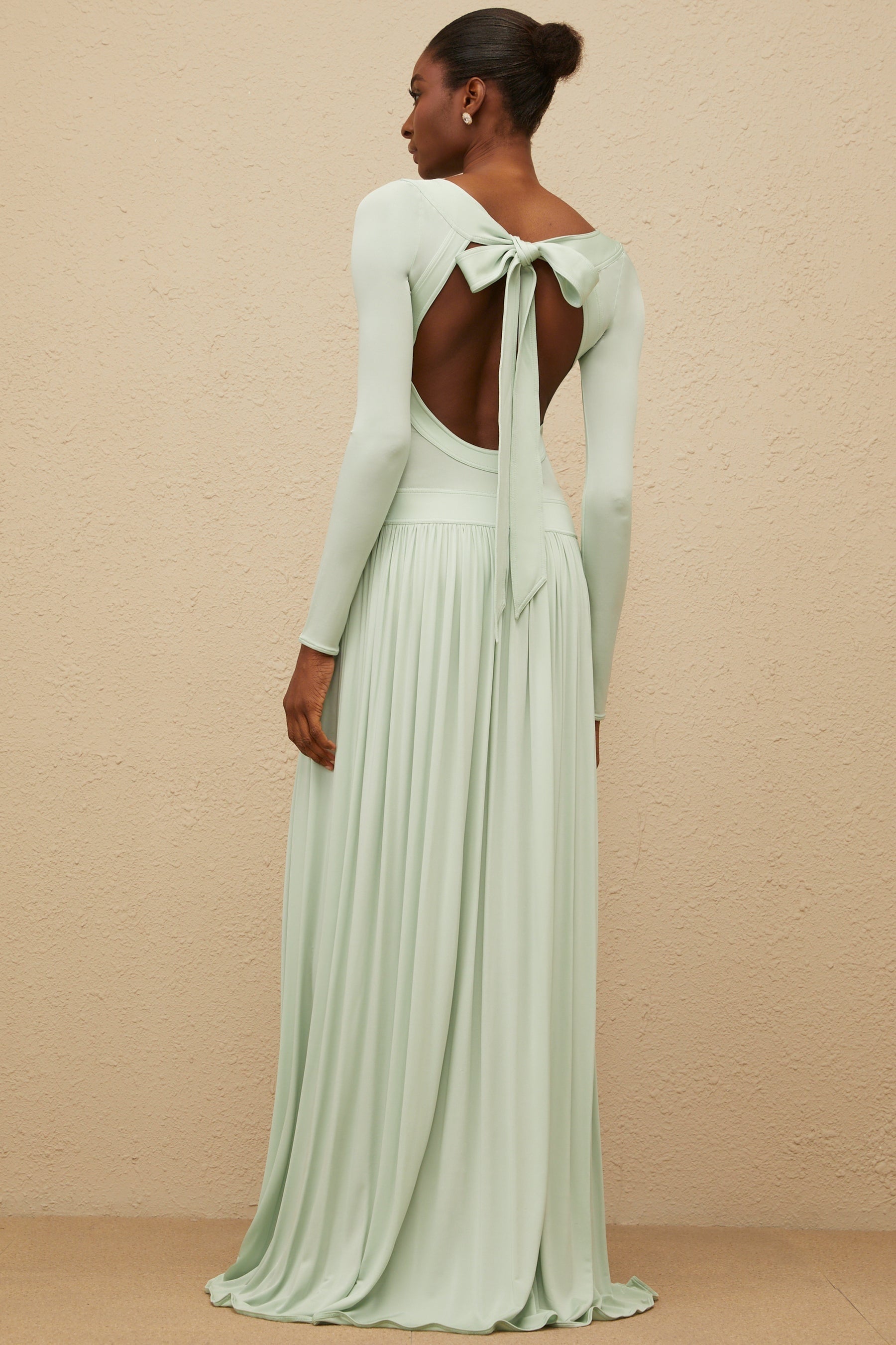Mint Green Long Sleeve Maxi Dress with Open Back and Self-tie Design