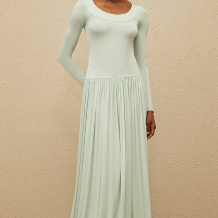 Mint green long sleeve maxi dress with open back and self-tie design