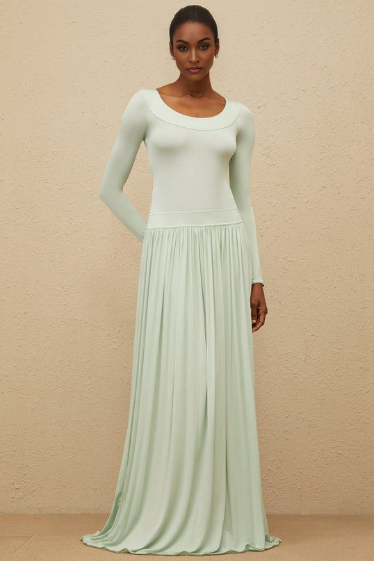 Mint green long sleeve maxi dress with open back and self-tie design