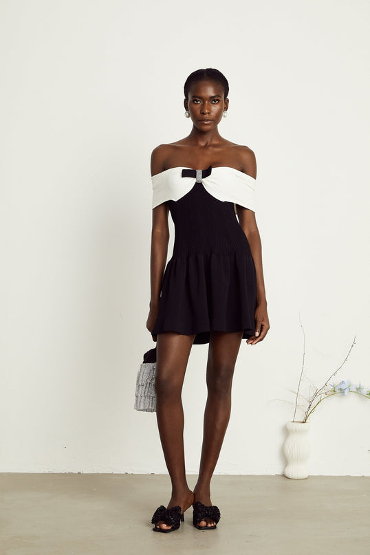 Miracle Black and White Mini Dress with Crystal Bow Accent