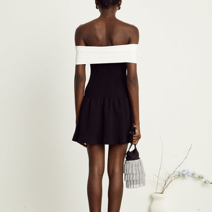 Miracle Black White Mini Dress Crystal Bow Off-Shoulder Elegance Glamour