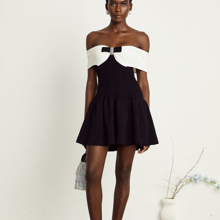 Miracle Black and White Off-Shoulder Mini Dress with Crystal Bow Accent