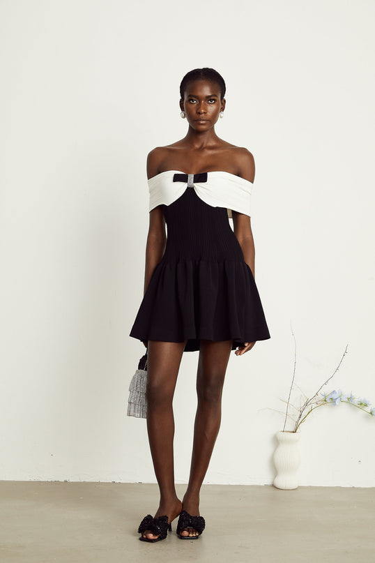 Miracle Black and White Off-Shoulder Mini Dress with Crystal Bow Accent