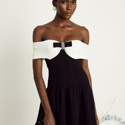 Miracle Black and White Mini Dress with Crystal Bow Accent
