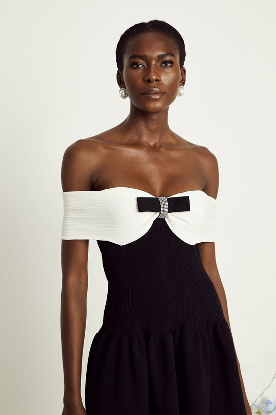 Miracle Mini Dress Black White Off-Shoulder Crystal Bow Thigh-Length Contrasting Colors Shimmering Crystal Embellishments Knitted Construction Model Size M Viscose Terylene Nylon Elastane Special Occasion