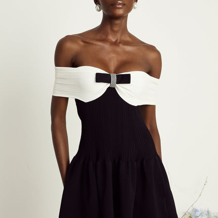 Miracle Black and White Off-Shoulder Mini Dress with Crystal Bow Accent