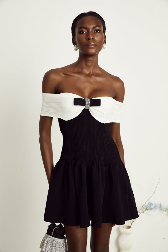 Miracle Black and White Off-Shoulder Mini Dress with Crystal Bow Accent