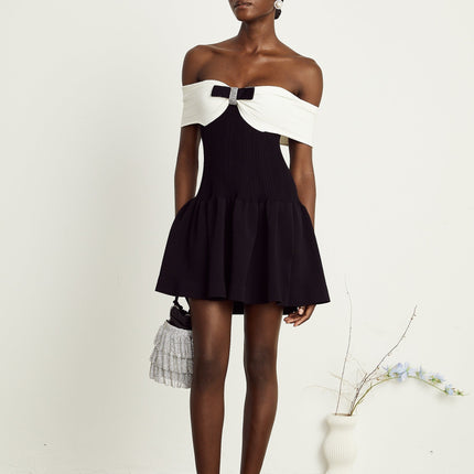 Miracle Mini Dress in Black & White off-shoulder design with crystal bow accentuation