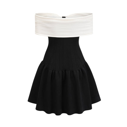 Miracle Mini Dress in Black & White off-shoulder design with crystal bow and shimmering embellishments