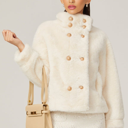 Miracle White Faux Fur Double Breasted Jacket with Stand-up Collar and Front Button Fastening