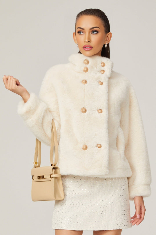 Miracle White Faux Fur Double Breasted Jacket with Stand-up Collar and Front Button Fastening