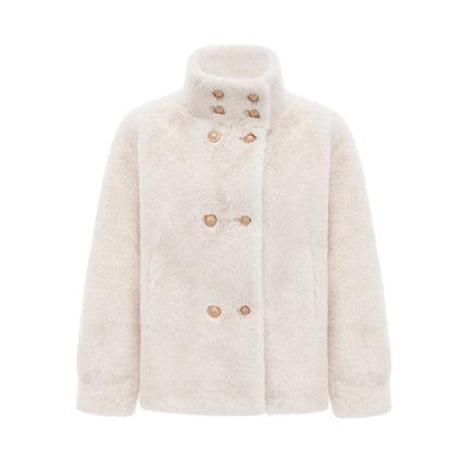 Miracle White Faux Fur Double Breasted Jacket with Stand-up Collar and Front Button Fastening