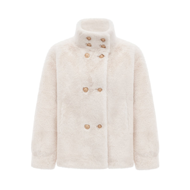 Miracle White Faux Fur Double Breasted Jacket with Stand-up Collar and Front Button Fastening