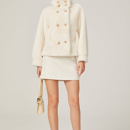 Miracle White Faux Fur Double Breasted Jacket with Stand-up Collar and Front Button Fastening
