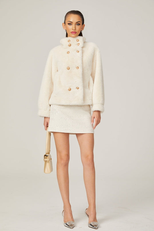 Miracle White Faux Fur Double Breasted Jacket with Stand-up Collar and Front Button Fastening
