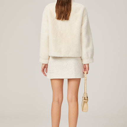 Miracle White Faux Fur Double Breasted Jacket with Stand-up Collar and Front Button Fastening