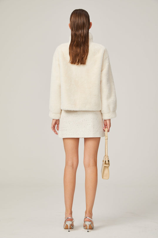 Miracle White Faux Fur Double Breasted Jacket with Stand-up Collar and Front Button Fastening