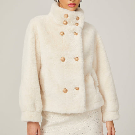Miracle White Faux Fur Double Breasted Jacket with Stand-up Collar and Front Button Fastening